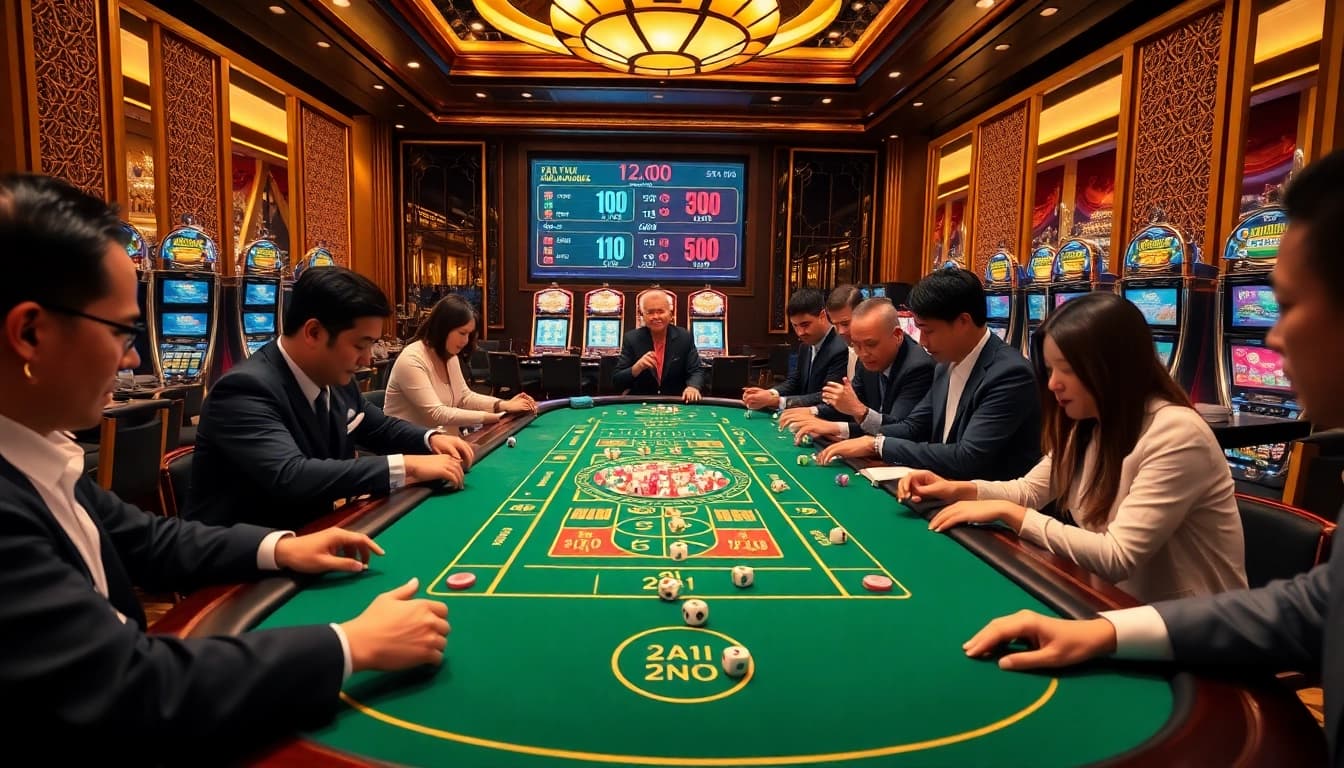 Players enjoying the game tài xỉu at a vibrant casino table with dice and betting chips.