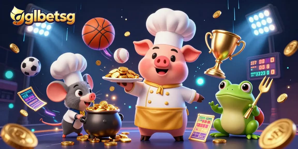 Betting on esports with gglbetsg as a cartoon chef pig serves gold coins in a lively sports scene.