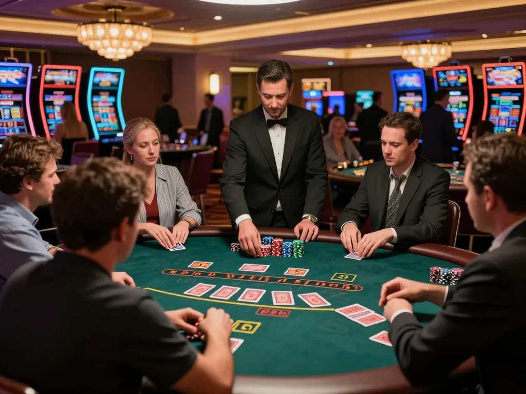 Experience thrill and strategy at the du88 blackjack table with engaged players and professional dealer.