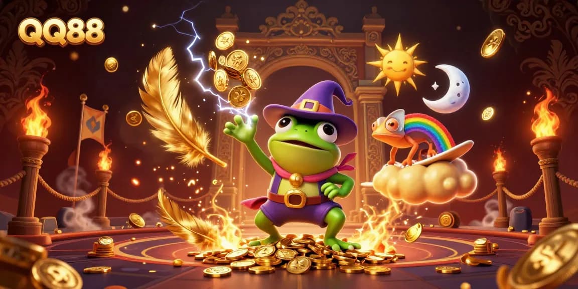 Experience thrilling moments with QQ88 as a wizard frog conjures gold and a chameleon surfs on a cloud.