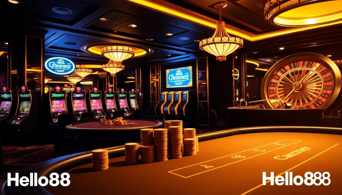 Hello88 poker table with high-stakes chips under dramatic lighting in a luxurious casino.