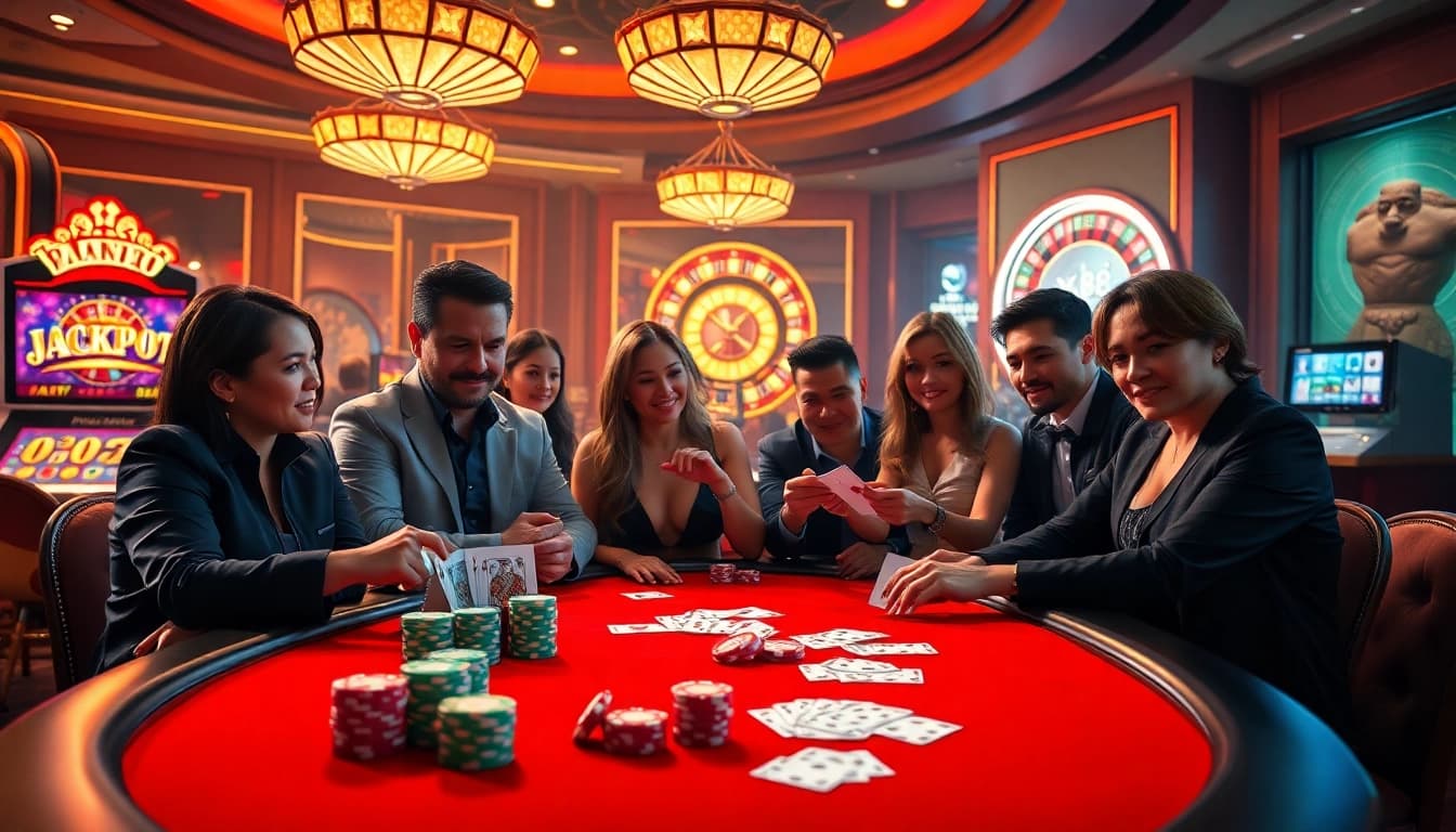 Players enjoying high-stakes poker at xx88 casino with vibrant slot machines and roulette in the background.