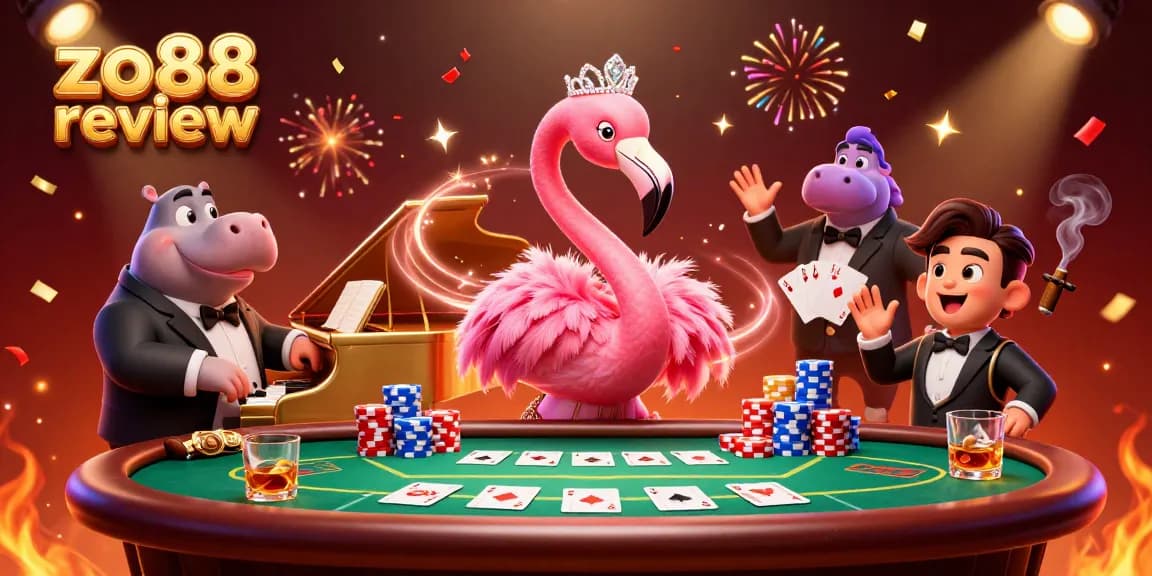 Experience excitement with this zo88 review illustration showcasing a vibrant casino scene featuring a flamingo singer and hippo bassist.