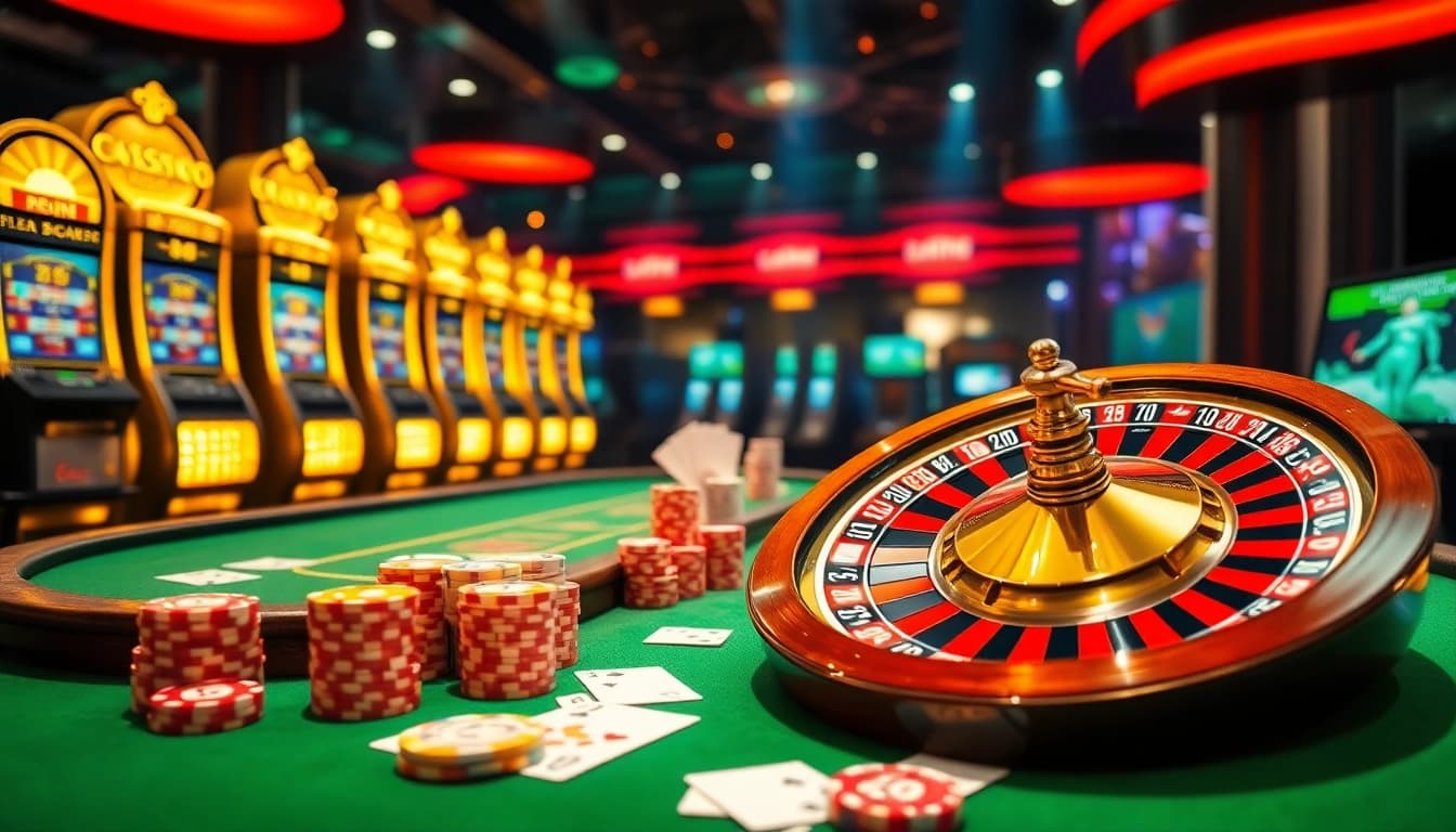 Engaging scene of TT88 casino gaming, featuring poker, roulette, and vibrant slot machines.