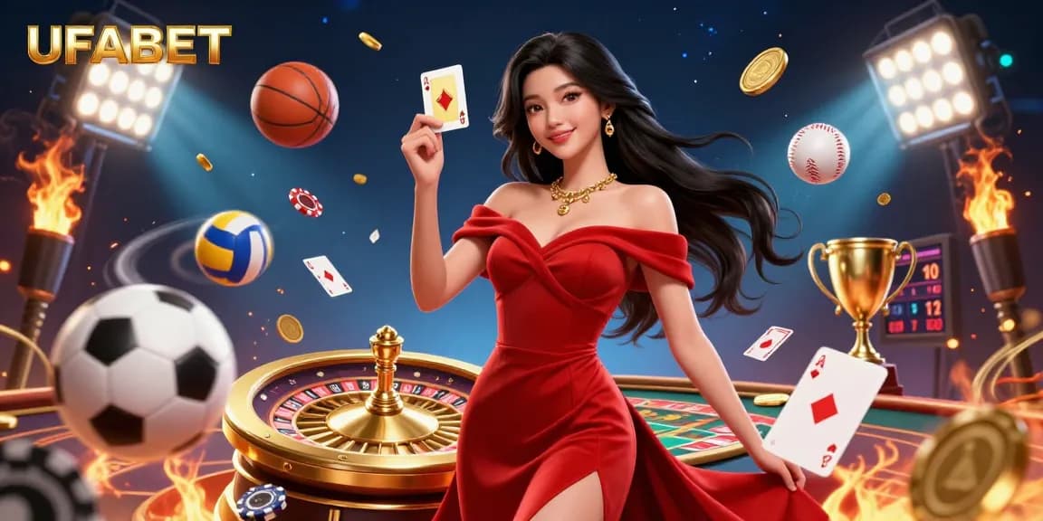 UFABET showcases a dynamic casino scene with a radiant Asian woman holding a golden playing card amidst vibrant gaming elements.