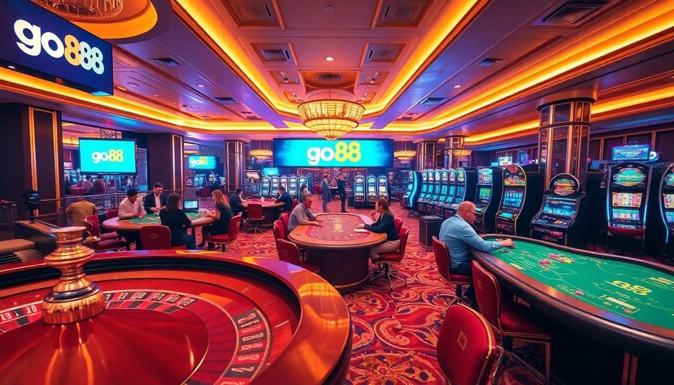 Exciting casino scene featuring go88 gaming tables and vibrant players enjoying poker and roulette.