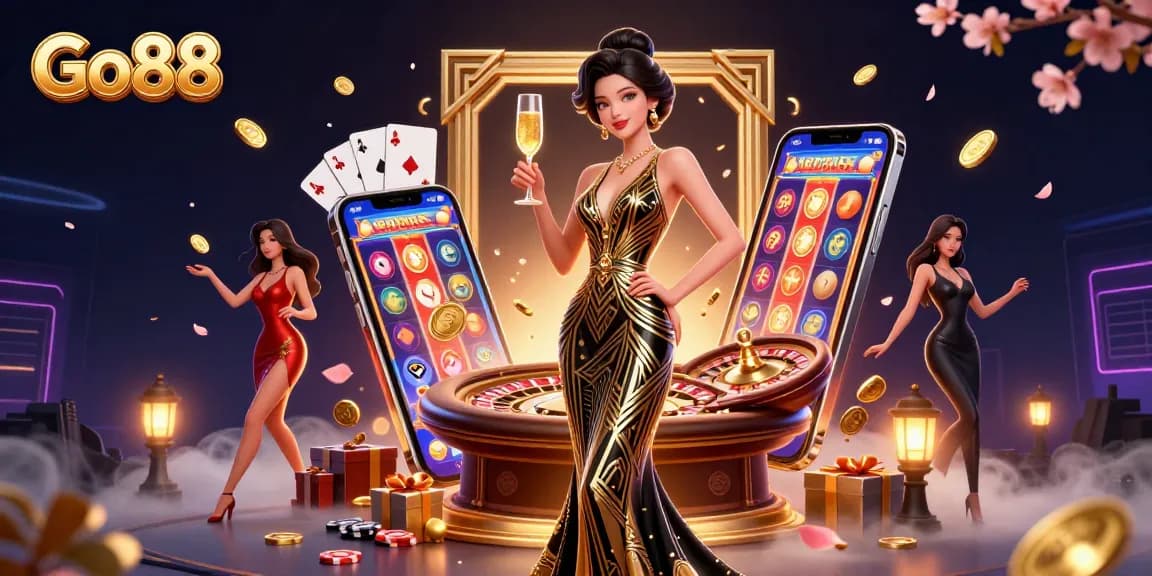 Win big at Go88 with stylish casino-themed illustration showing vibrant gaming action.