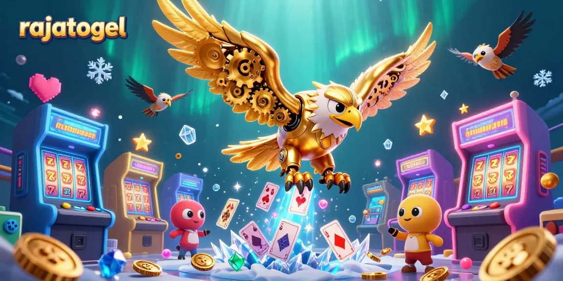Engage with rajatogel through a vibrant, dynamic casino-themed 3D illustration featuring a golden eagle.