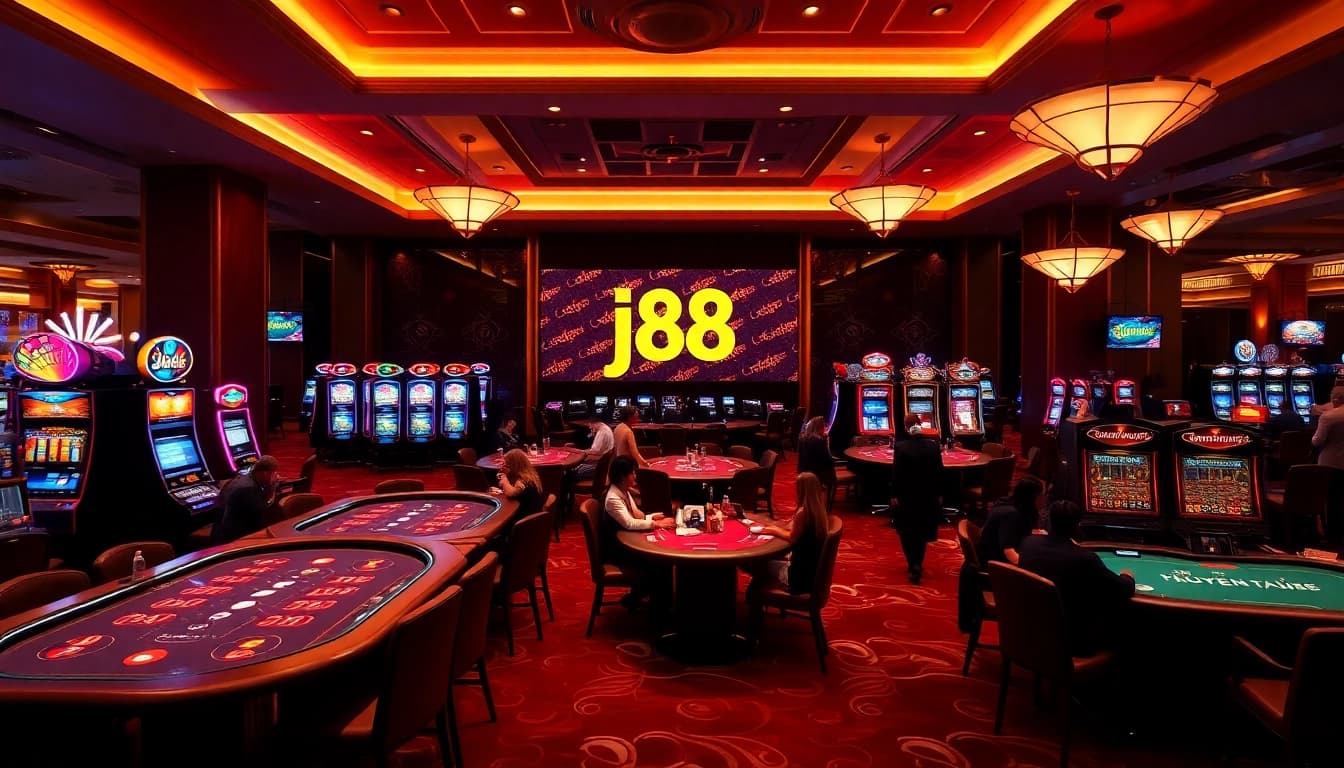 Players enjoying high-stakes gaming at the j88 casino with vibrant slot machines and blackjack tables.