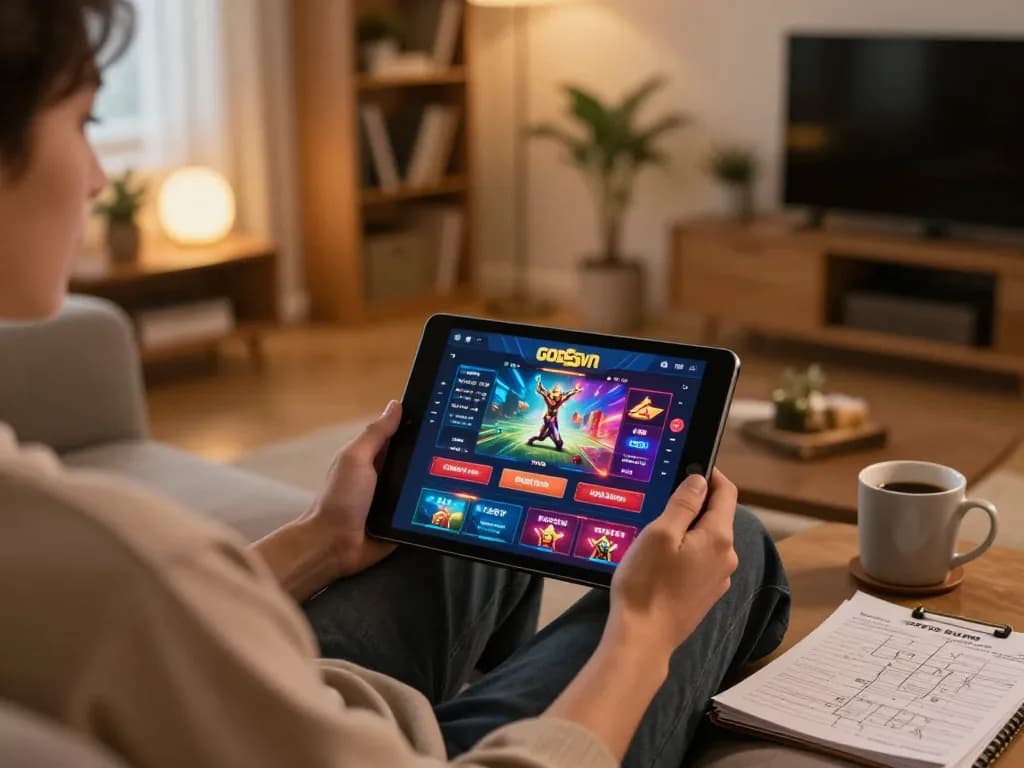 Engaged player using the god55vn app for online casino gaming on a cozy sofa