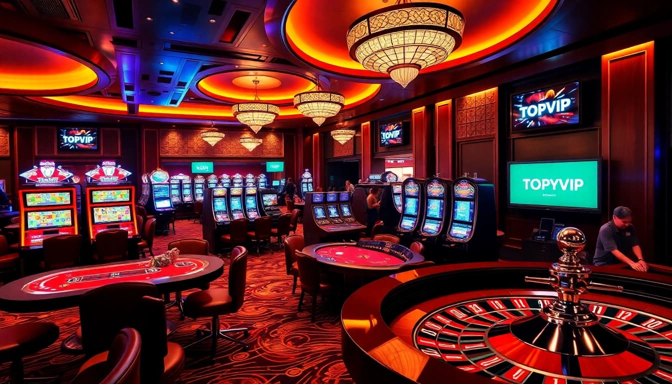 TOPVIP casino gaming scene with vibrant slot machines, poker chips, and an active roulette wheel.