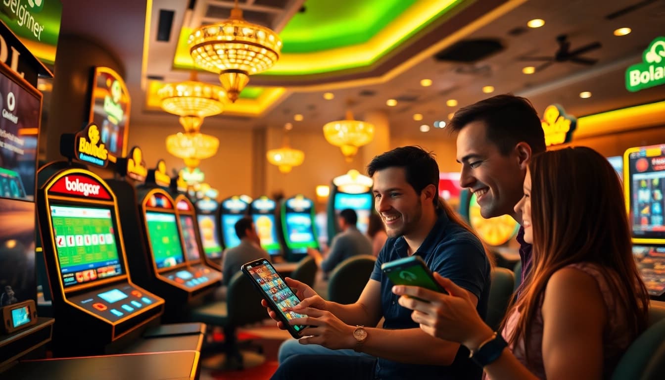 bolagacor online gambling scene with players enjoying football betting and slot machines in a vibrant digital setup.