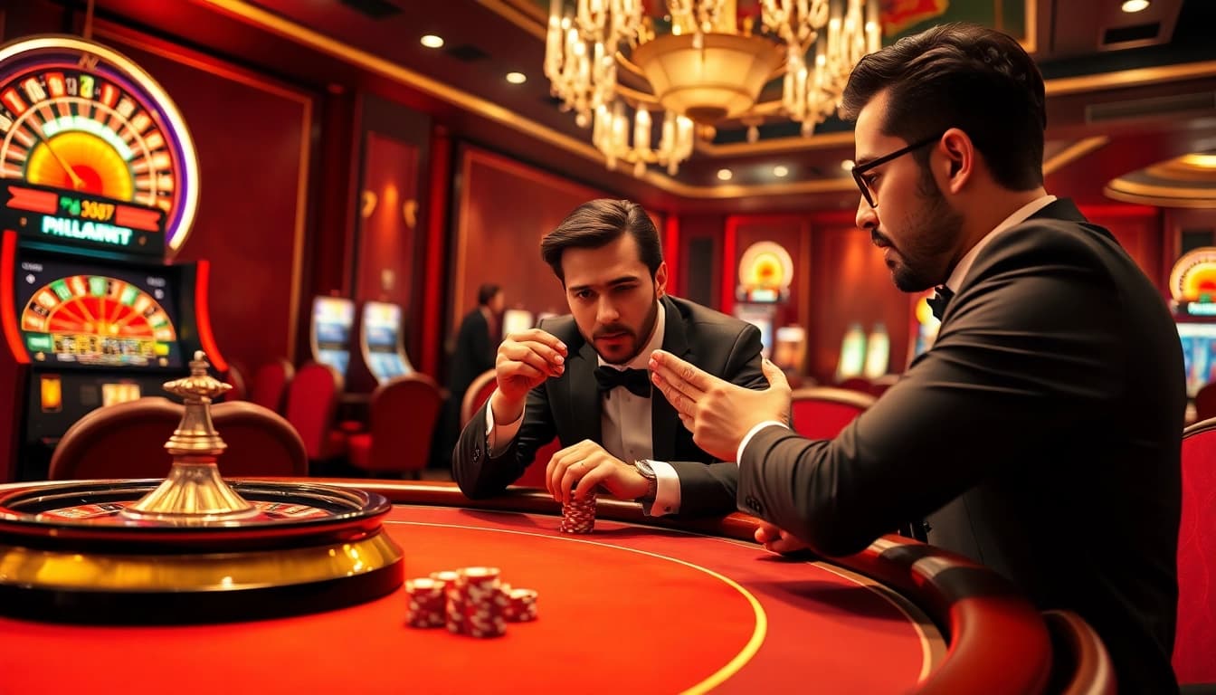 Players engaging in poker at a vibrant casino featuring 789f-themed elements and lively atmosphere.