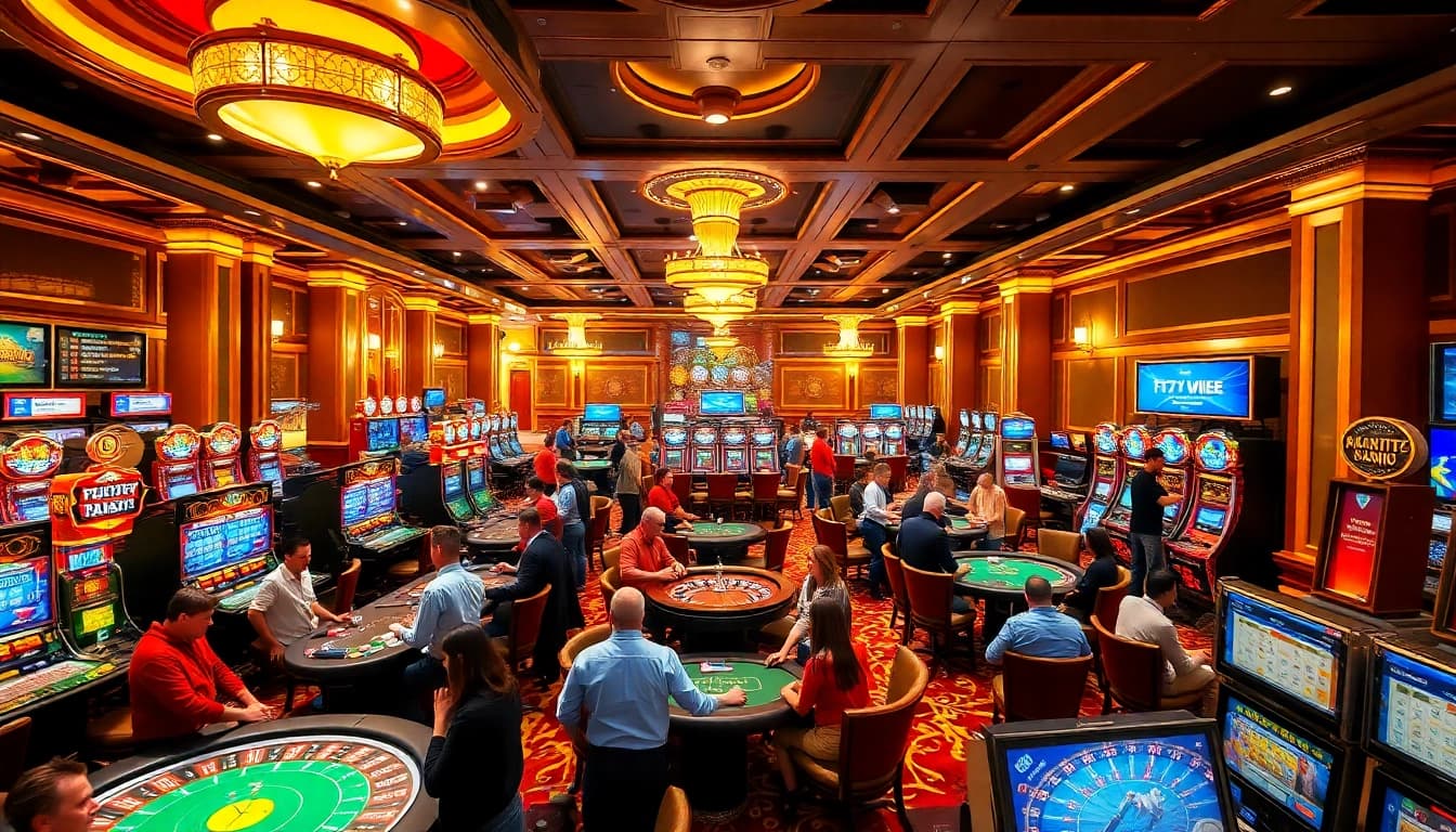 Experience the thrill of gambling at 777VIP.tech with players enjoying slot machines and table games in a vibrant casino.