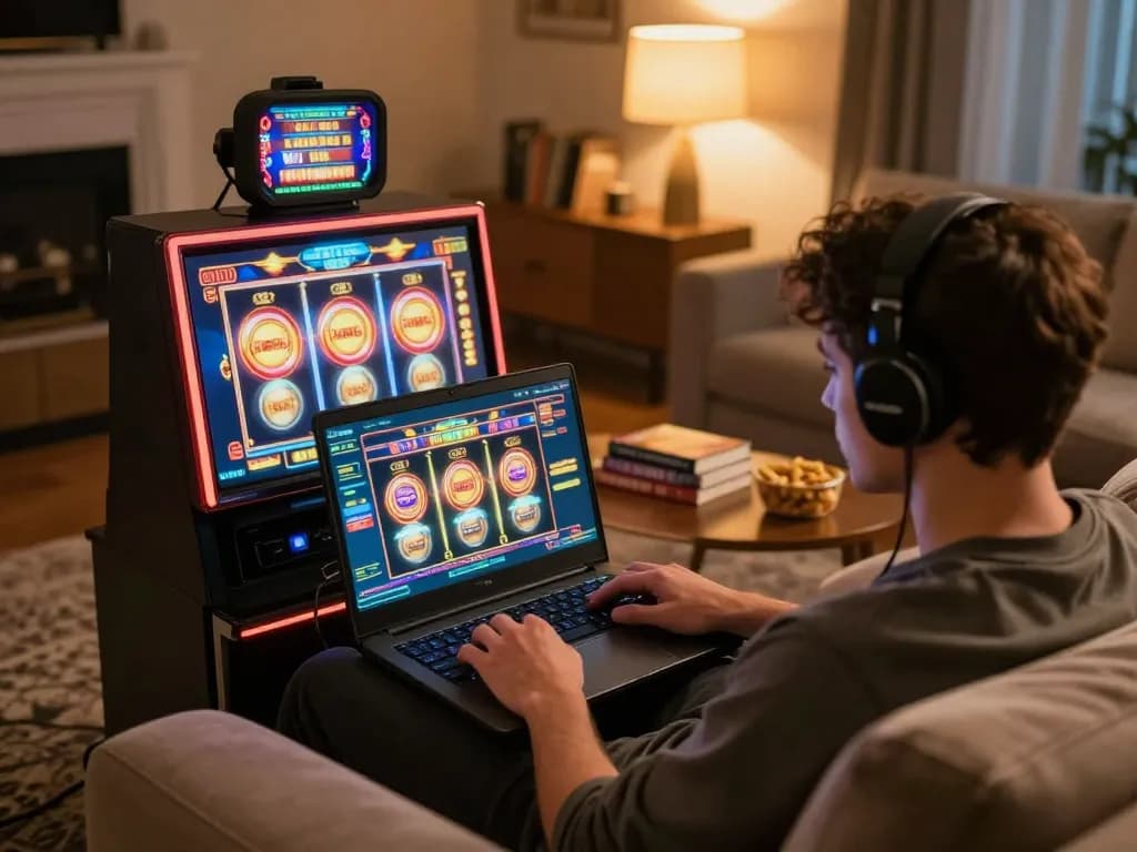 Experience online gaming excitement with 79KING on a laptop at home, showcasing vibrant slot action.