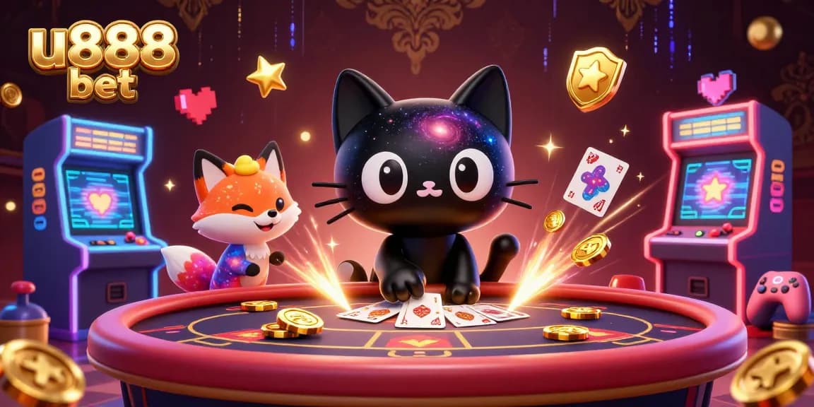 Engage in thrilling u888 bet games as cosmic characters attract chips and cards in a vibrant casino.
