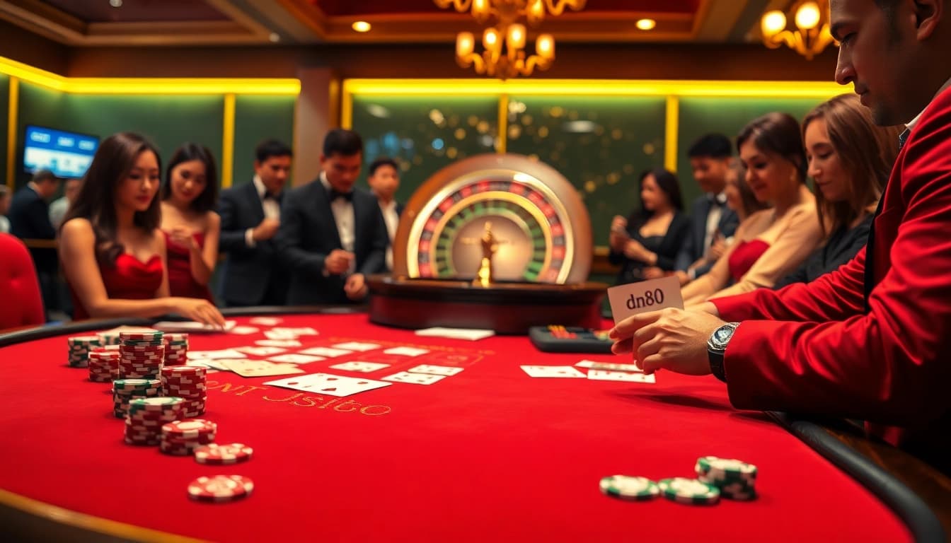 Experience the thrill of gambling at a luxurious casino table featuring dn88 betting slips, vibrant poker chips, and a roulette wheel.