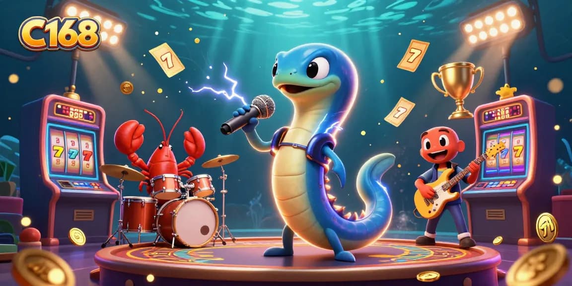 C168 casino scene showcasing an electric eel DJ, lobster drummer, and seahorse guitarist amid slot machines and golden coins