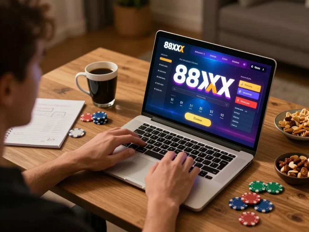 Experience thrilling gameplay with 88xx bet on a laptop as personalized strategy notes surround the player