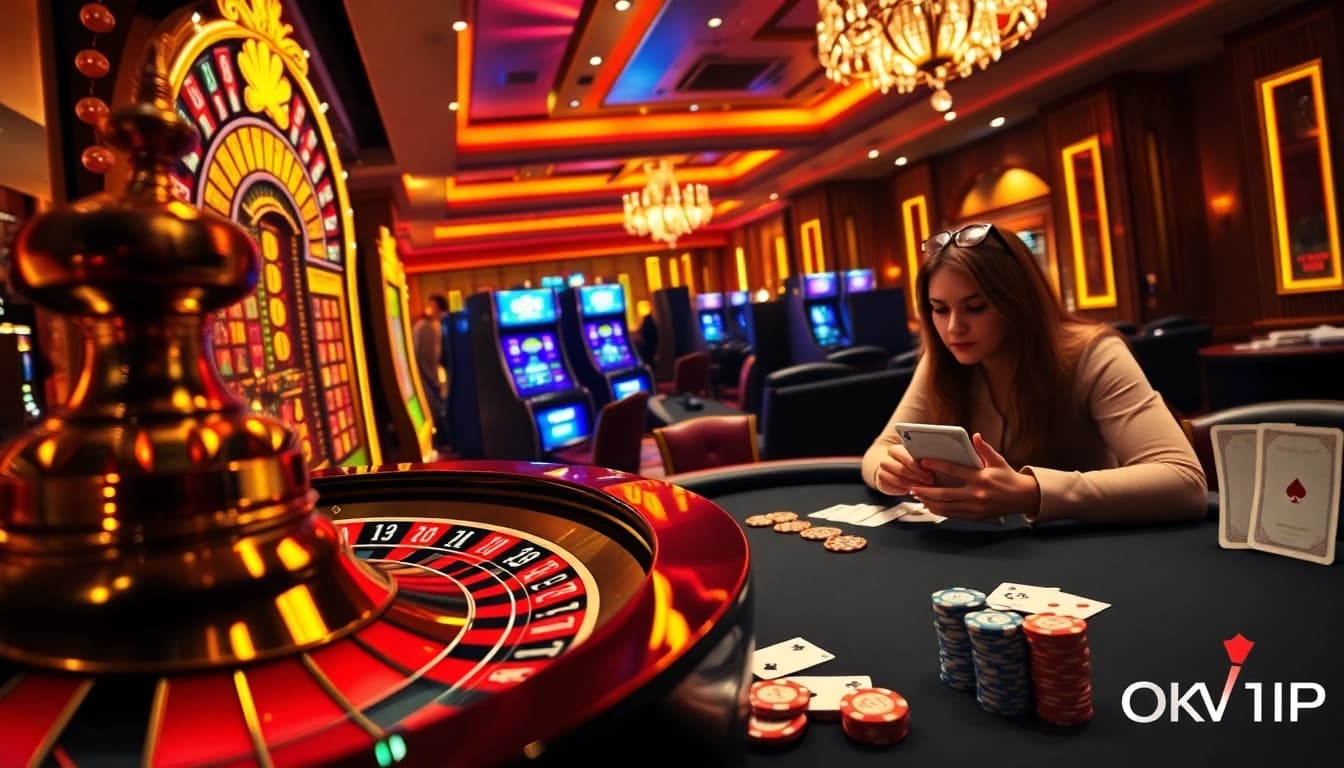 C168 OKVIP promotes excitement with players at high-stakes roulette and poker tables in a luxurious casino setting.