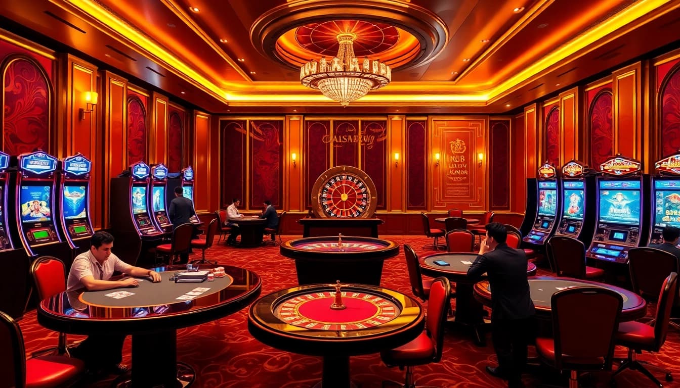Experience the thrill of Link vào Jun88 with players at bustling casino tables and vibrant slot machines.