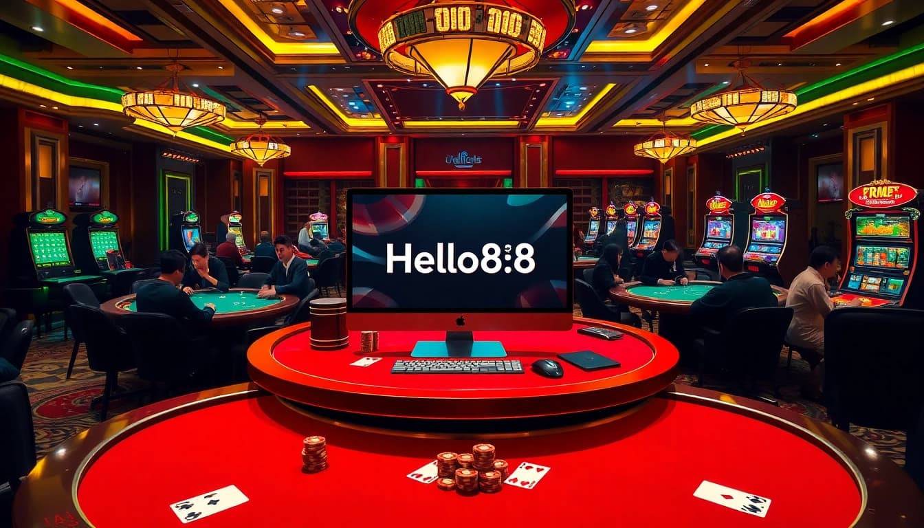 Experience the thrill of online gambling with Hello88 in a vibrant casino setting featuring poker and slots.