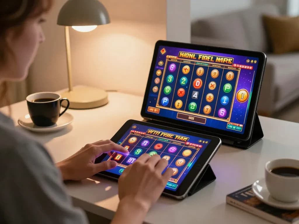 Engaging in slot online gameplay with tablet, cozy home environment fostering responsible gaming.