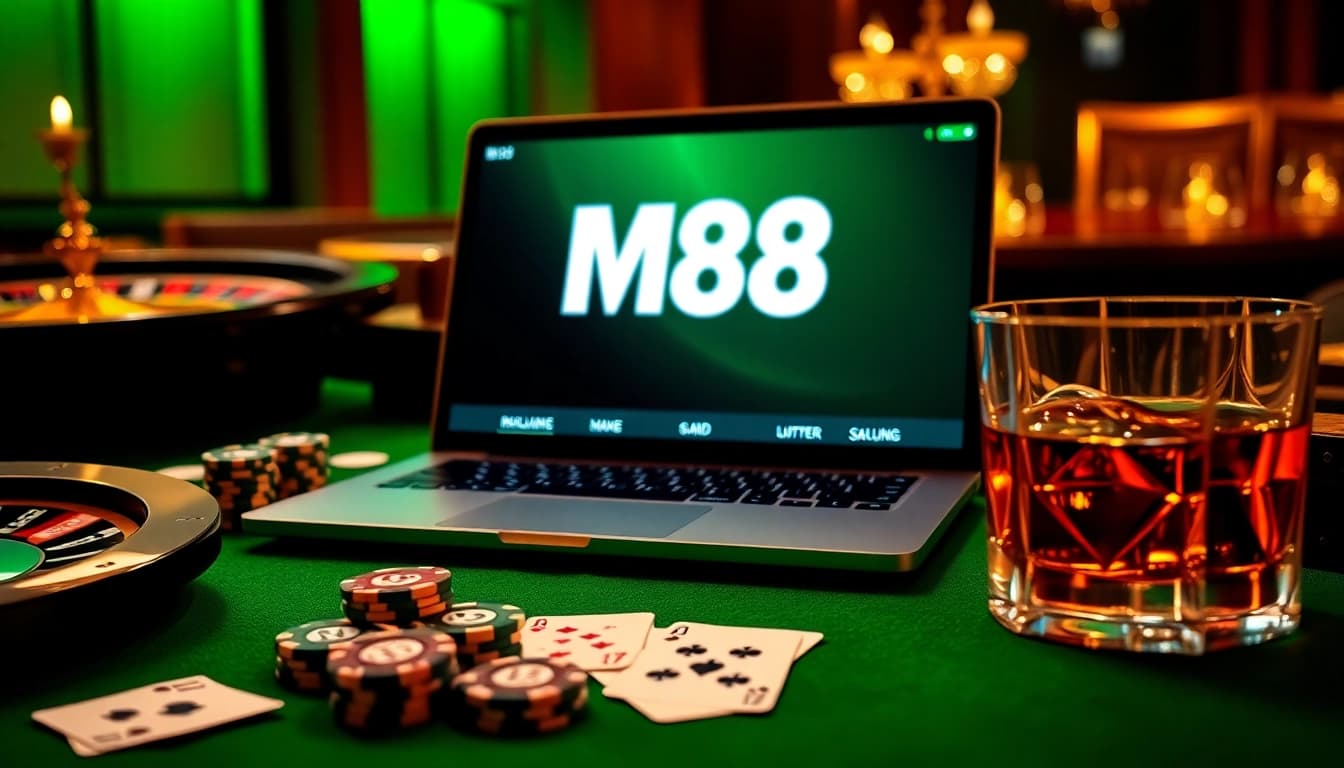 Experience the thrill of M88 with vibrant casino visuals and engaging online gambling elements.