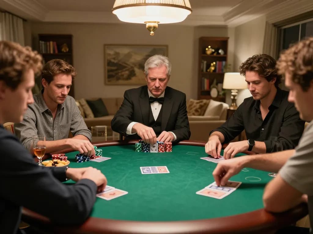 Players engage in a thrilling home poker game with kk55 strategy, warm atmosphere, and colorful chips.