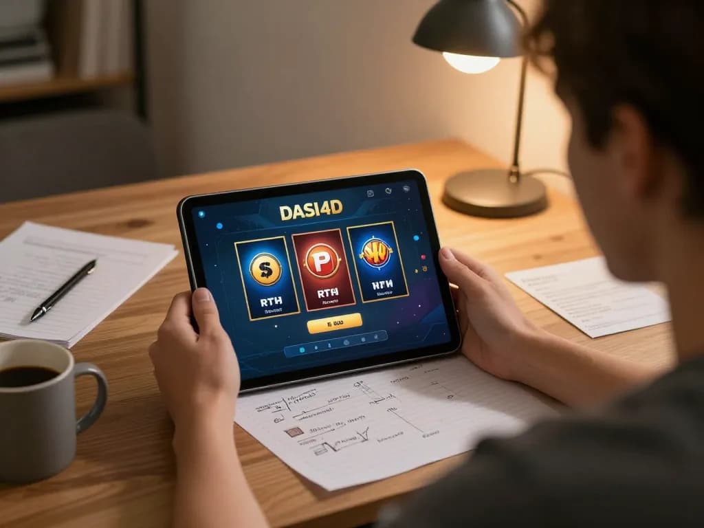 Antarmuka login DASI4D di tablet dalam pengaturan permainan yang nyaman, menampilkan elemen permainan strategis.