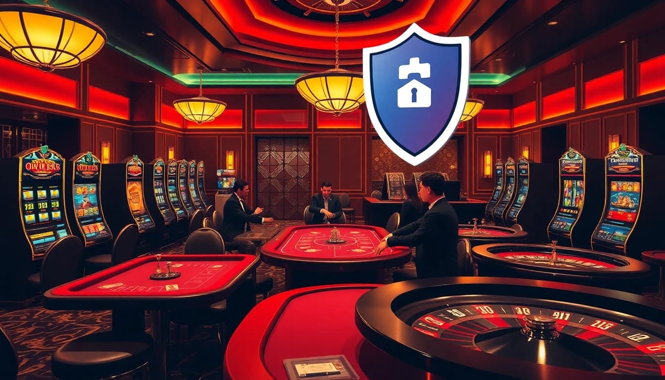 Privacy at KKWin: Engaging players in a luxurious casino setting with poker tables and slot machines.