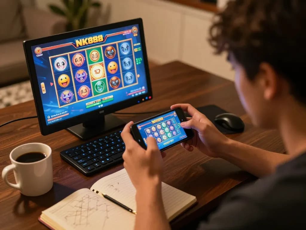 Engaging in online gaming on NK88, a vibrant mobile interface showcasing exciting slot graphics.