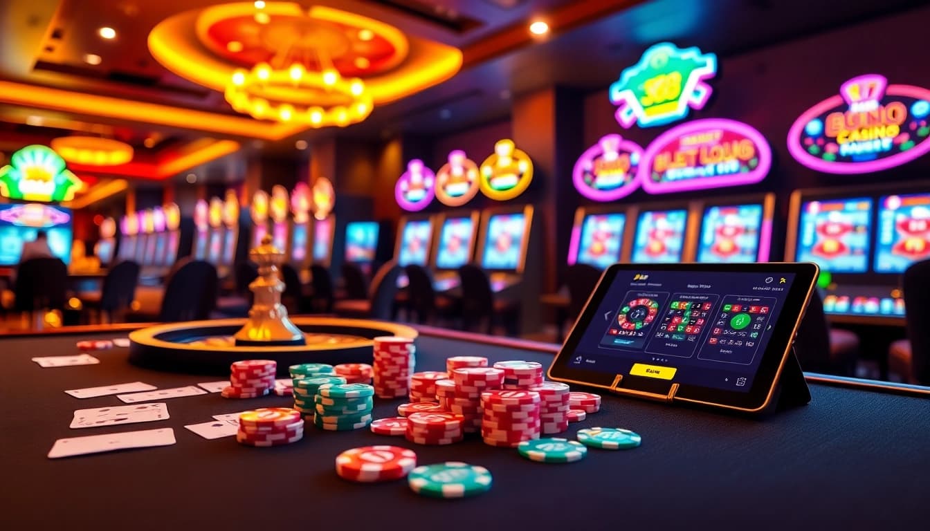 A thrilling online gambling scene with casino tables featuring j88 elements, vibrant slot machines and poker chips.