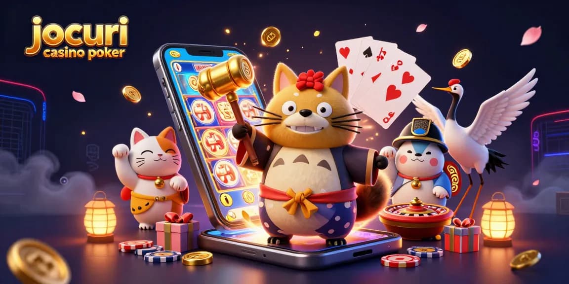 Joacă jocuri casino poker captivante cu un tanuki vesel, crane samurai și pisici norocoase în fundal.