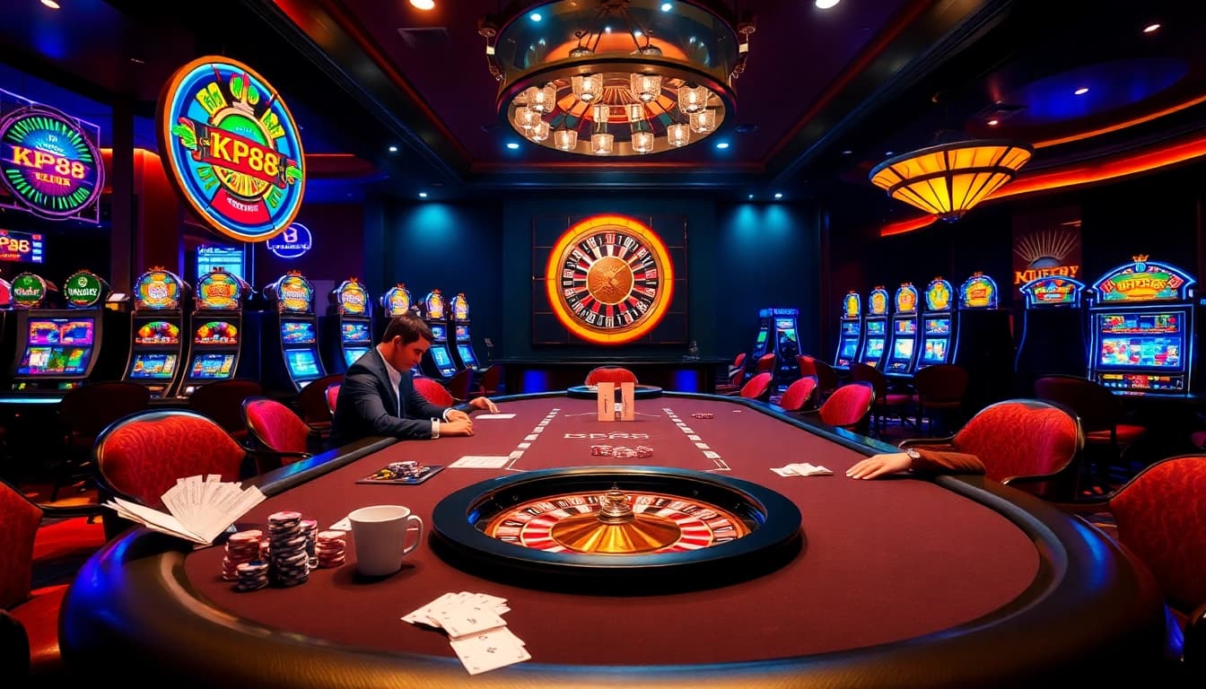 KP88 casino scene with poker games and vibrant slot machines enhancing gaming excitement.