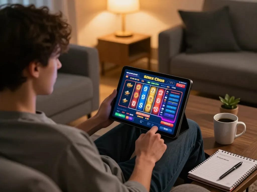 Engaging player exploring situs slot options on a tablet in a cozy living room setting.