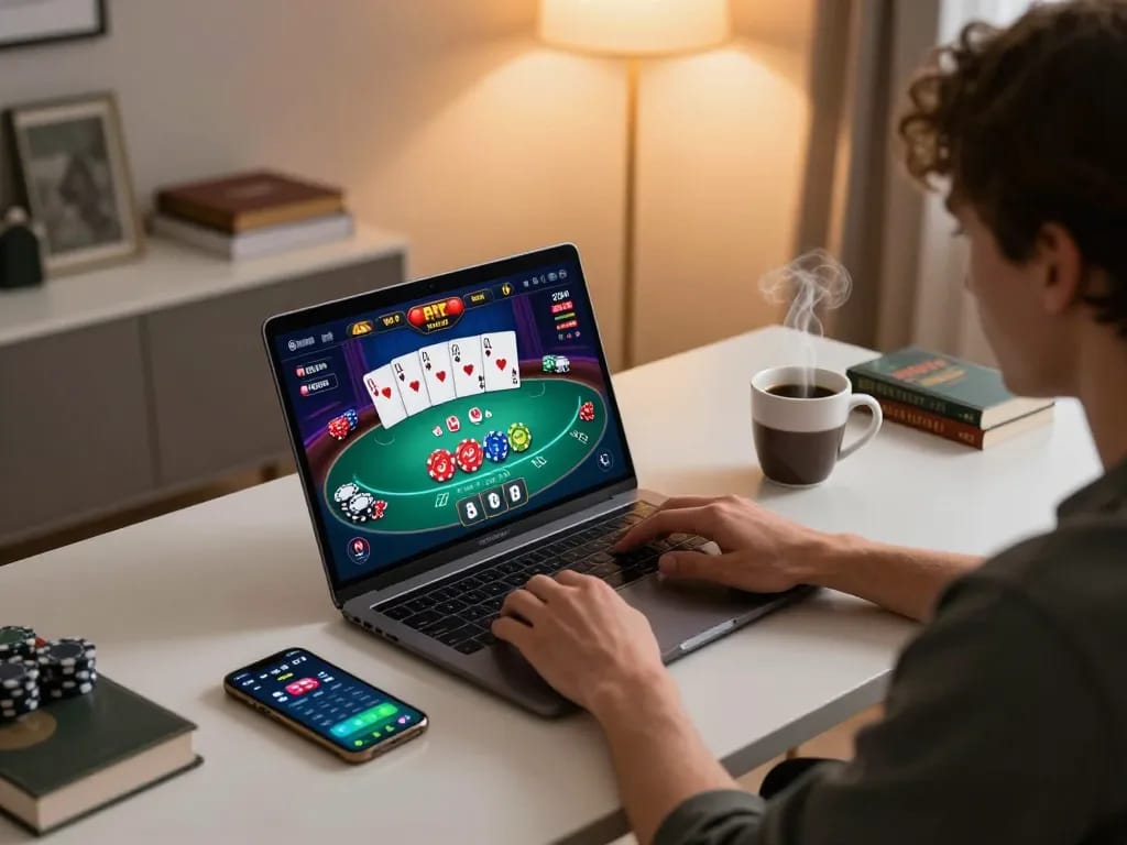 Pemain Tante77 terlibat dengan permainan poker online di laptop dalam pengaturan yang nyaman, menunjukkan permainan strategis.