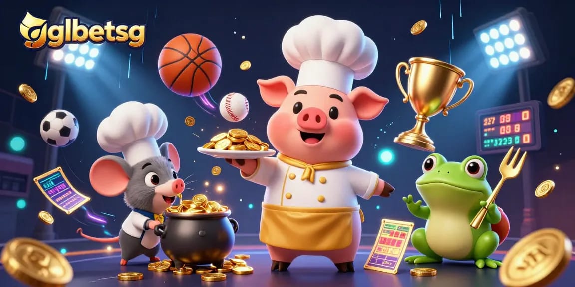 Betting on esports with gglbetsg as a cartoon chef pig serves gold coins in a lively sports scene.