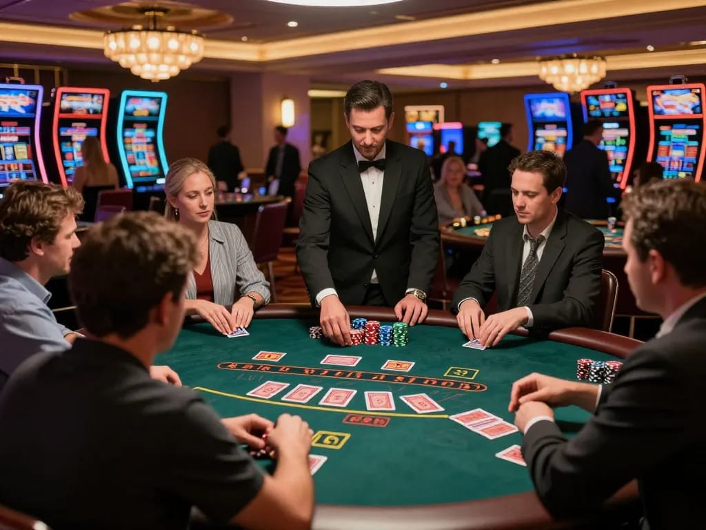 Experience thrill and strategy at the du88 blackjack table with engaged players and professional dealer.