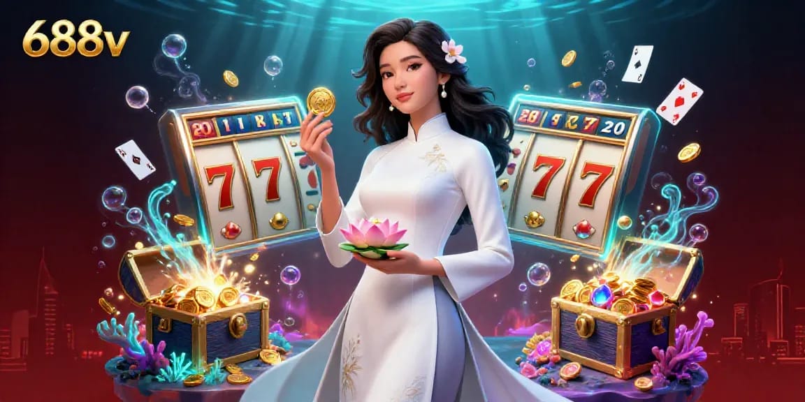 Engage with 688v's vibrant gaming scene featuring the elegant atmosphere of slot machines and treasure elements.