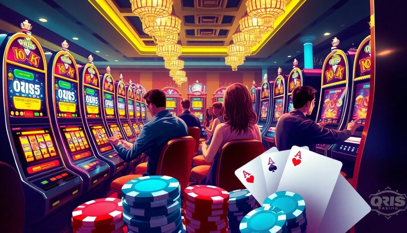 Experience the excitement of slot qris gaming with players interacting with vibrant slot machines.