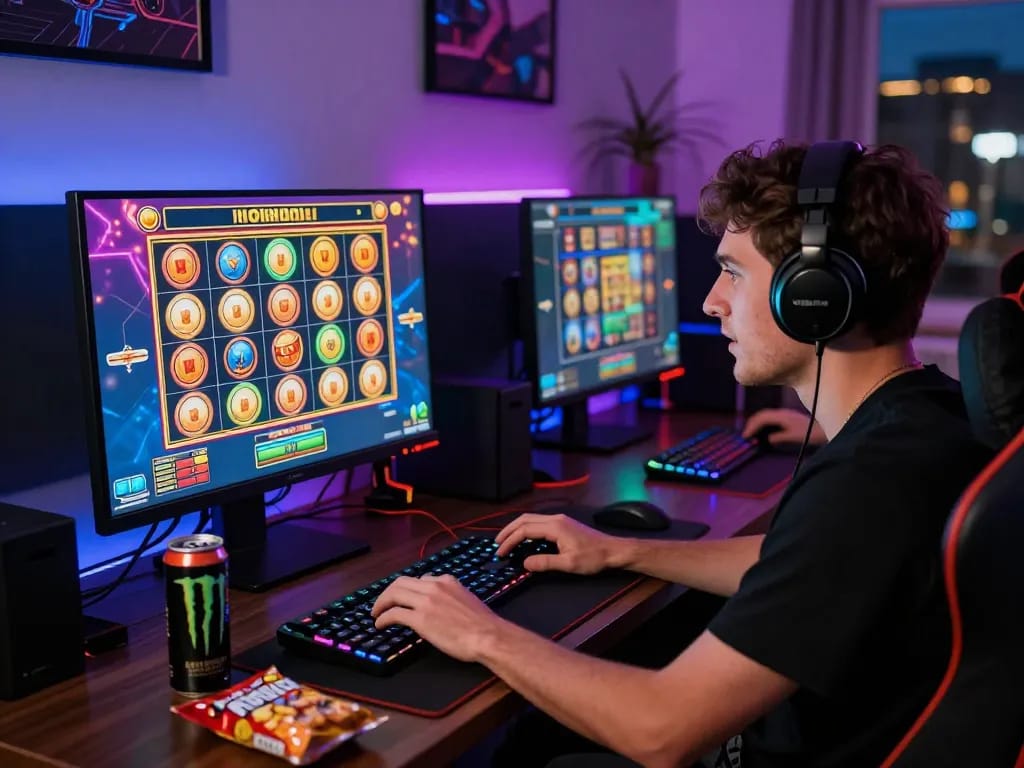 An enthusiastic gamer engaging with an online slot game on a site gacor in a vibrant gaming setup.