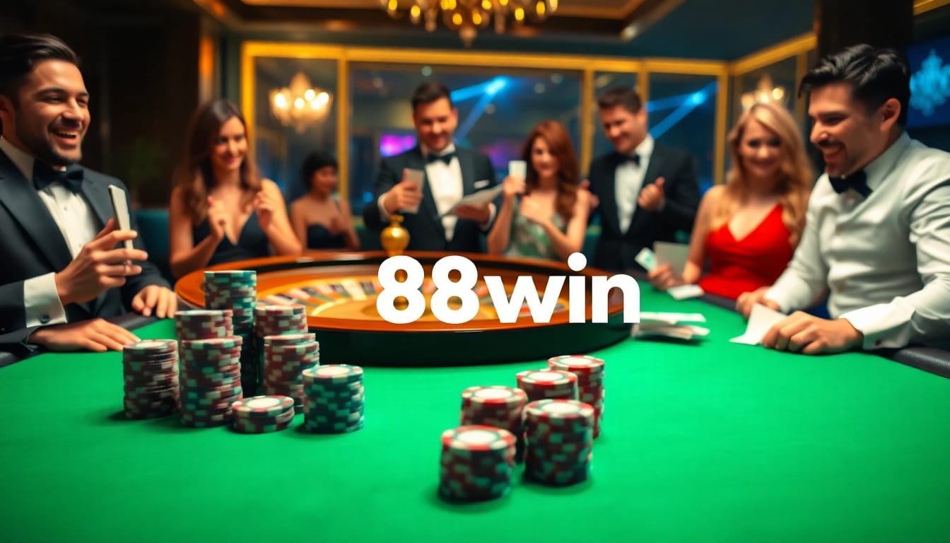 Players engaging in a thrilling poker game at 58win, surrounded by casino glamour and excitement.