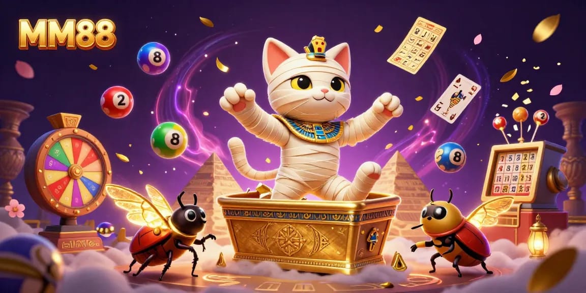 Engage in thrilling gameplay at MM88 with the dynamic Egyptian mummy cat and interactive casino elements.