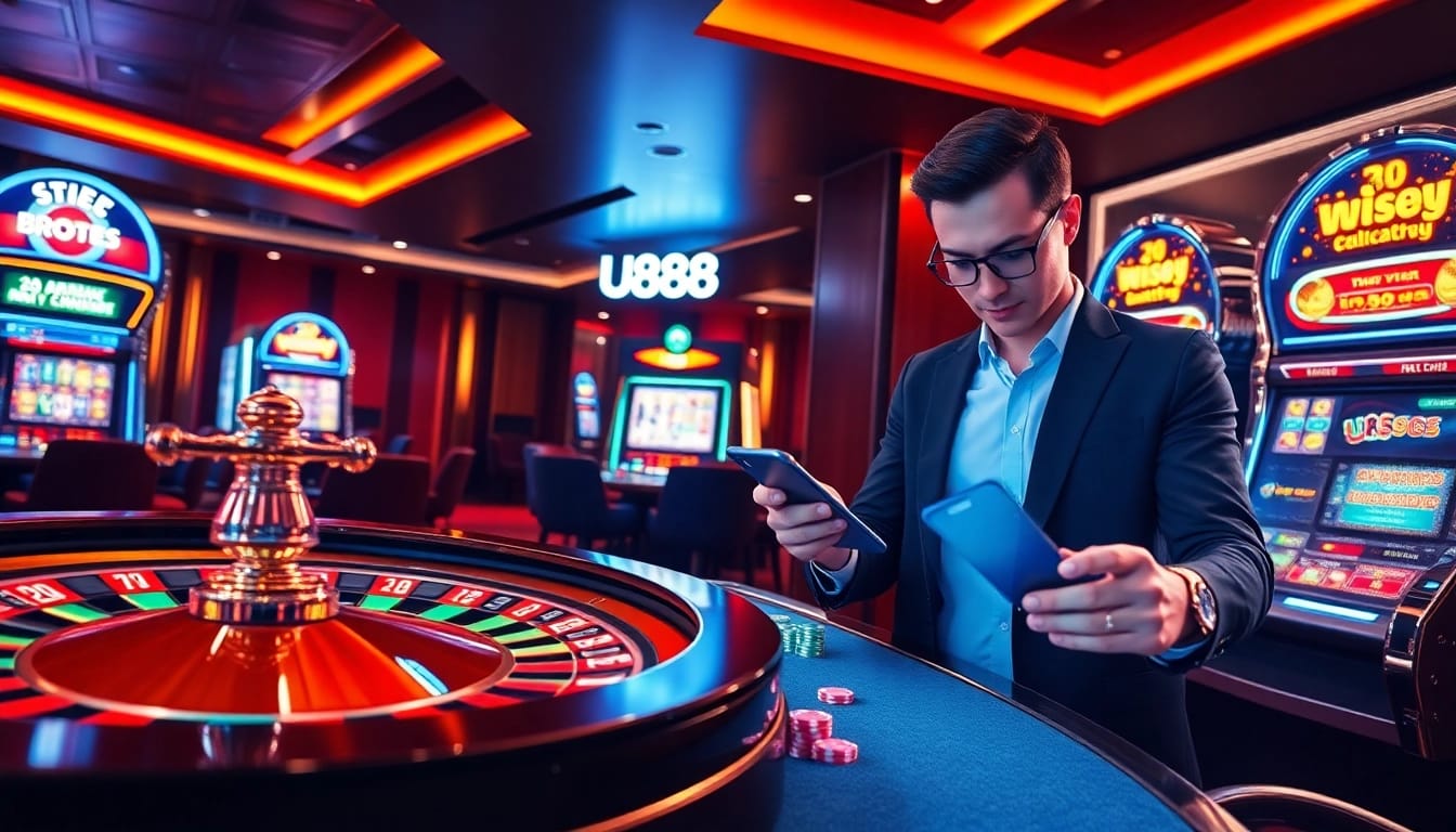 Experience the thrill of gambling at https://u888.broker/ with vibrant roulette and slot machines in action.