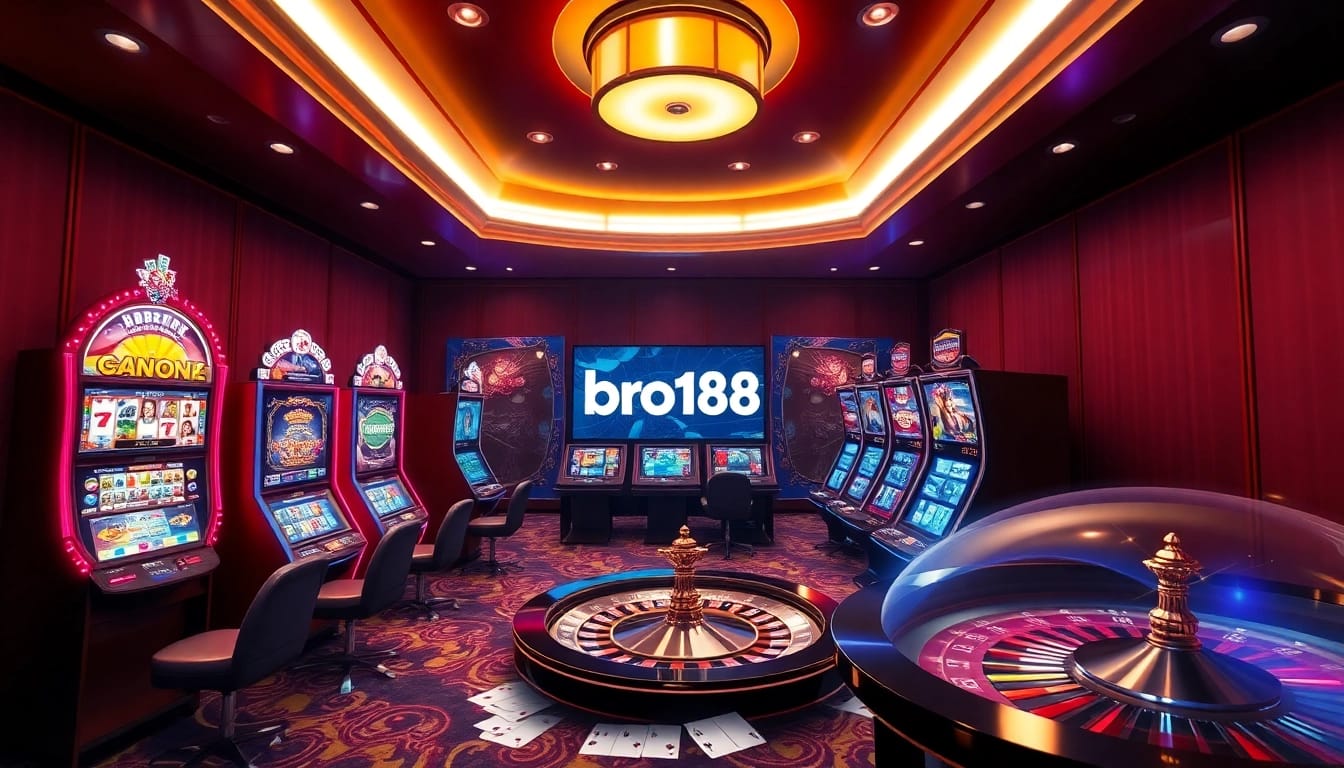 Experience thrilling gameplay at bro138 with vibrant slot machines and poker chips.