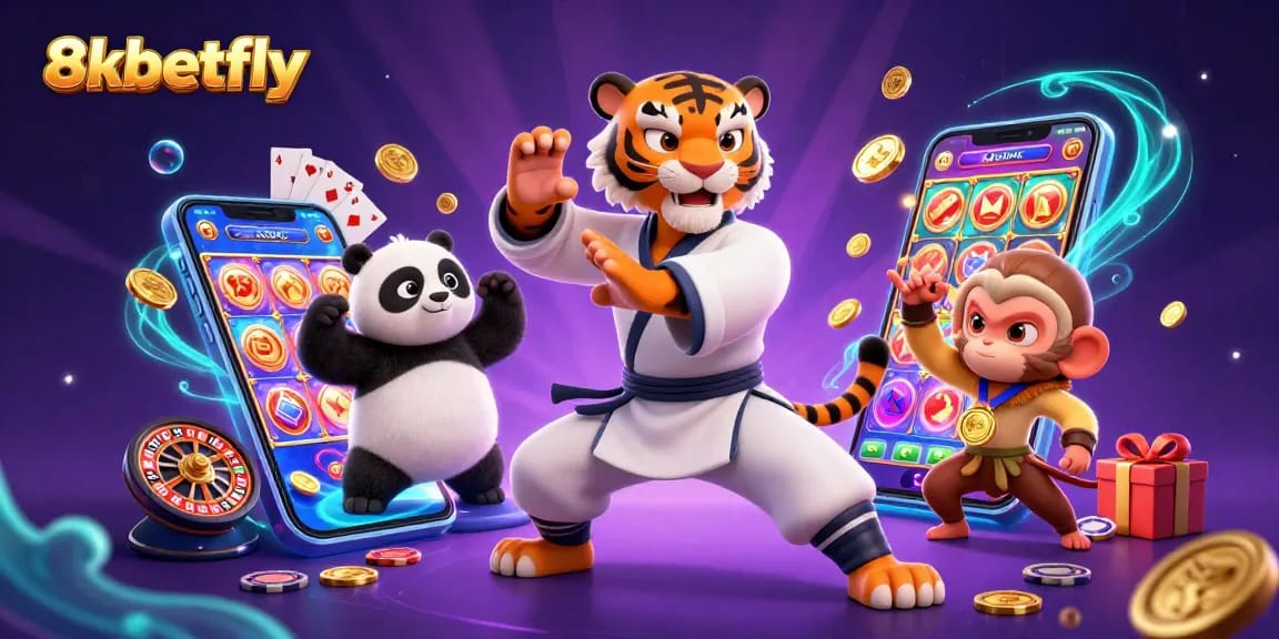 Experience thrilling gaming at 8xbetfly, a vibrant 3D scene with animated casino characters and rich visual effects.