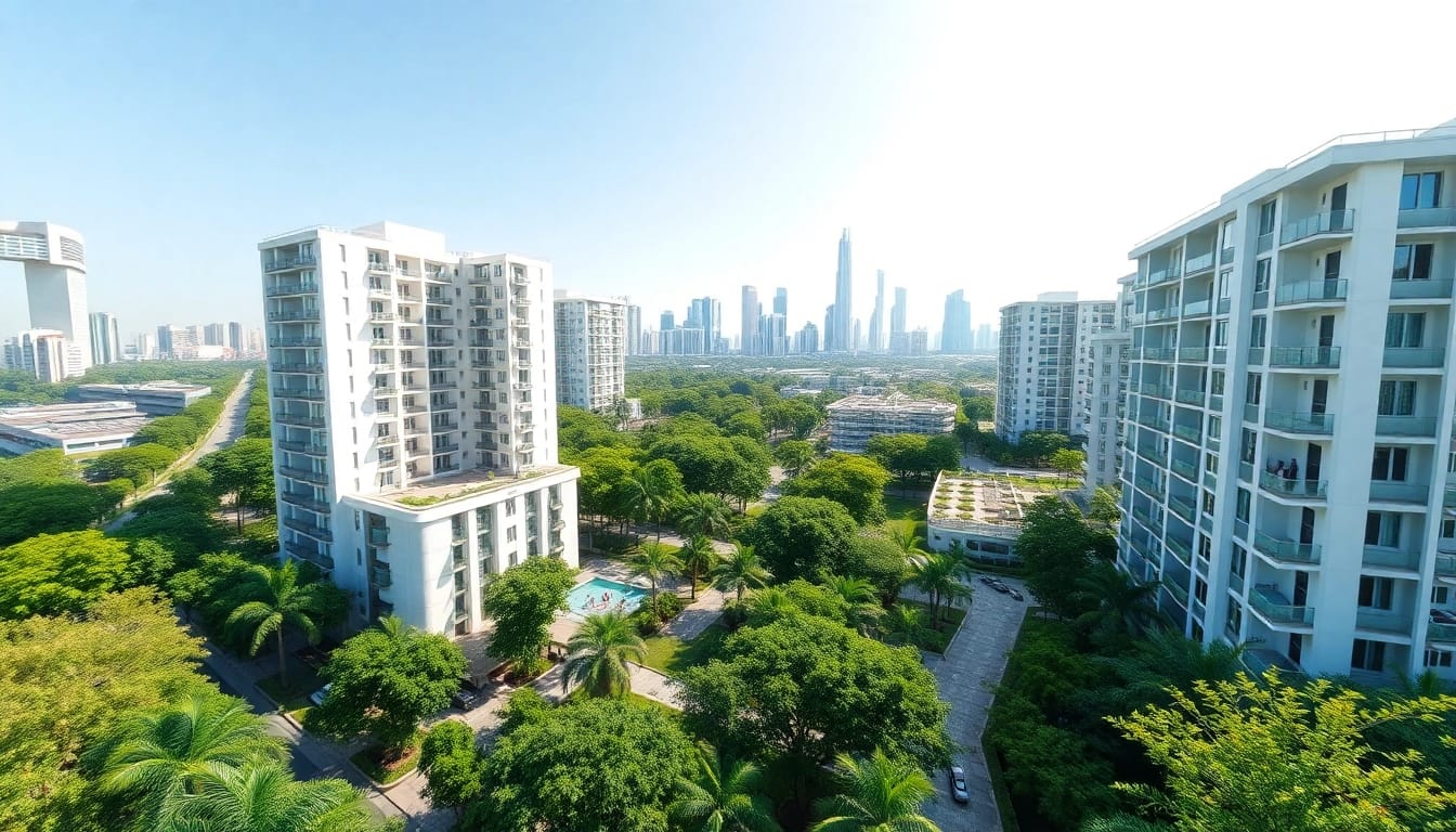 Showcasing the Tampines EC's modern architecture amidst lush greenery and urban vibes.