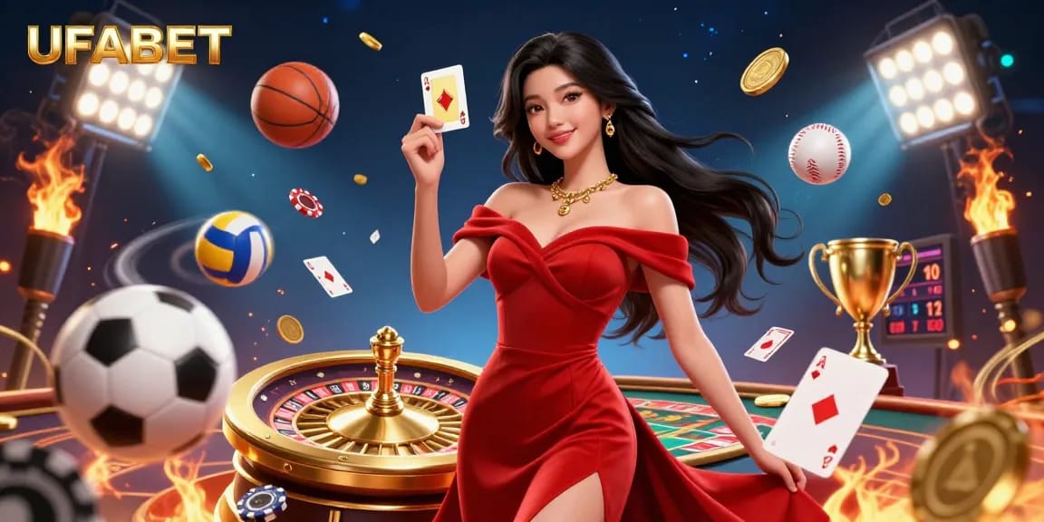 UFABET showcases a dynamic casino scene with a radiant Asian woman holding a golden playing card amidst vibrant gaming elements.