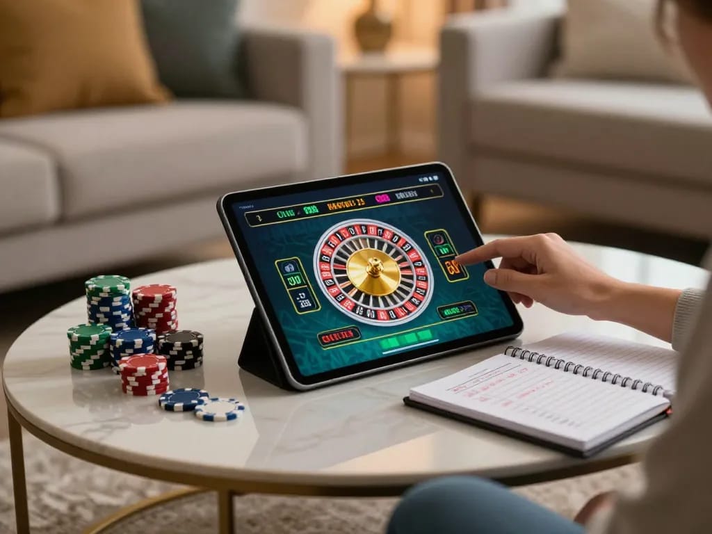 Playing live roulette on a tablet in cozy living room, highlighting non gamstop gaming options.